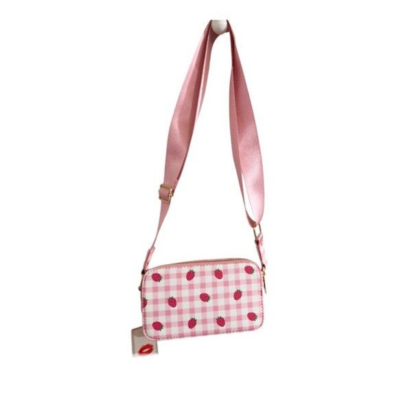 Pink plaid checkered strawberry print gold tone hardware crossbody canvas bag - Picture 9 of 13